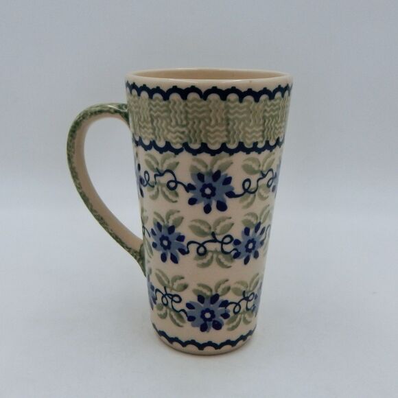 Boleslawiec Polish Pottery Mug Coffee Cup Latte Tall Floral Basket Weave Poland - Picture 3 of 6